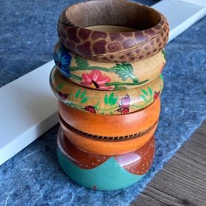 Lot Of 5 Vintage Hand Painted Wood Bangle Bracelets